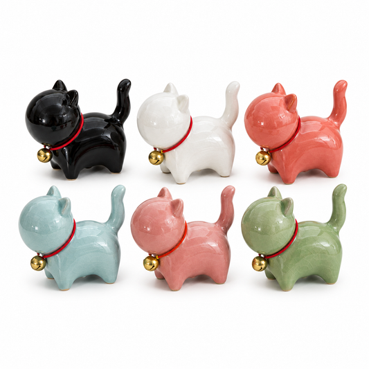 Set of 6 Ceramic Cat Figurines with Bells