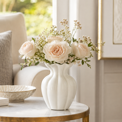 Scalloped White Ceramic Flower Vase